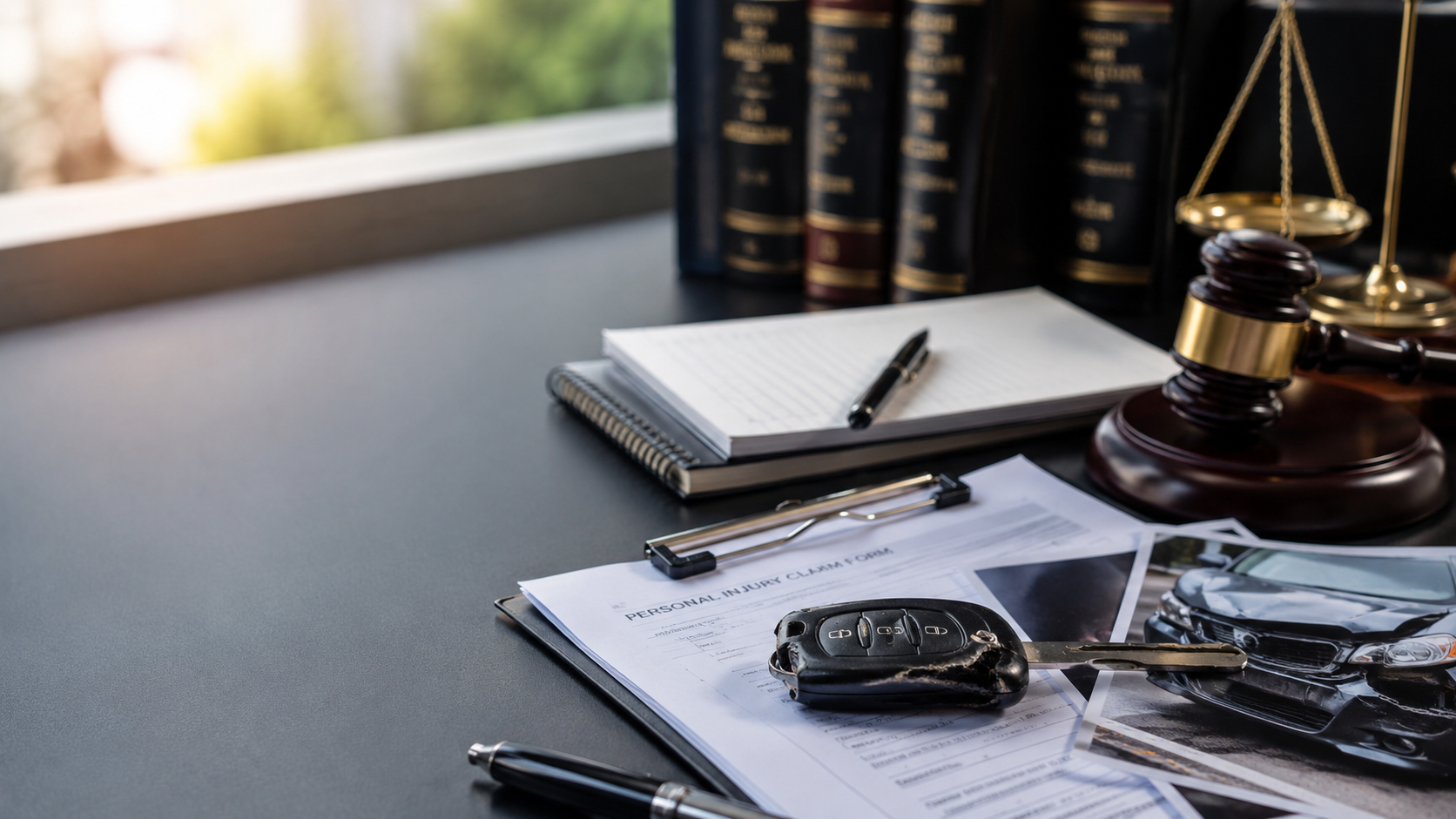 Attorney case desk with claim papers, evidence review, insurance companies strategy, and settlement planning after a car accident.