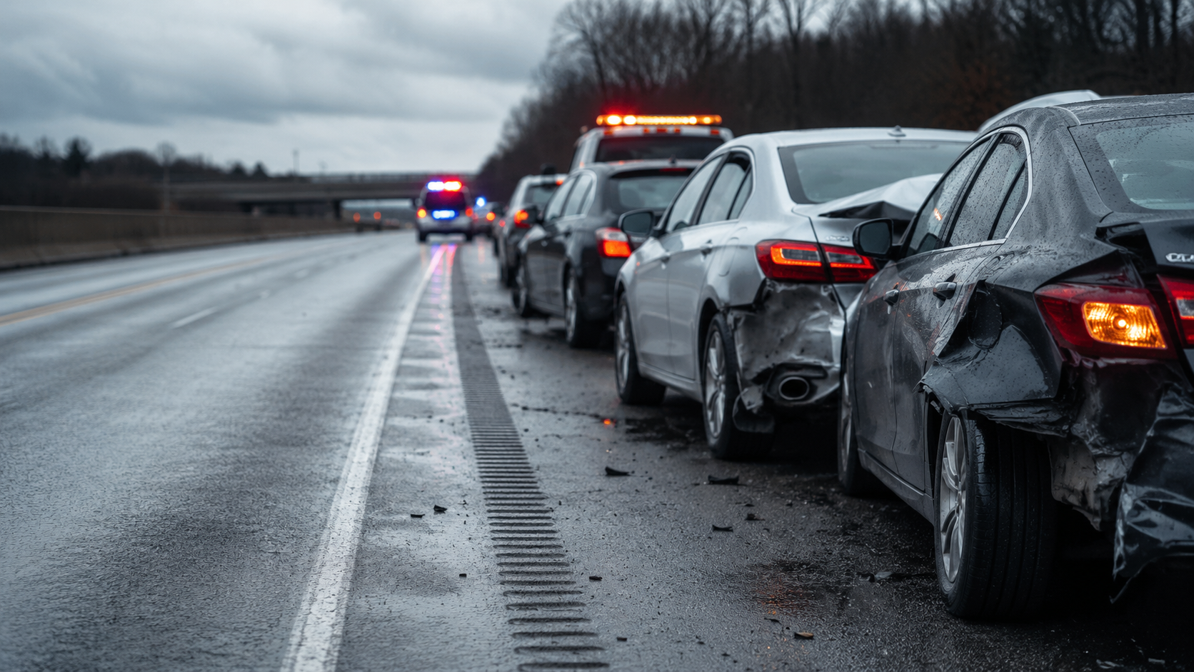 Wet highway motor vehicle accidents scene documenting fault, liability, evidence, and recovery issues in a Denver car accident claim.